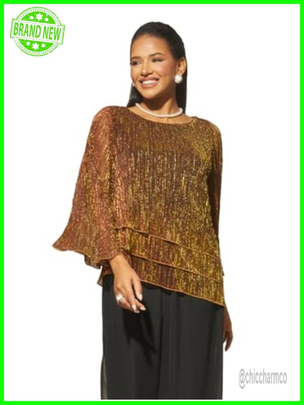 Sparkle Pleated Ruffle Flowy Blouse Dressy Casual 3/4 Sleeve Top